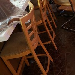 Set Of 3 Light Wood Upholstered BAR STOOLS