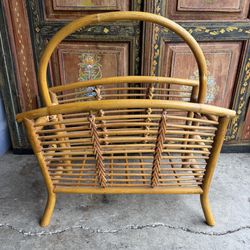 Vintage Bamboo Teak Magazine Rack Boho Mid Century Style Storage Holder