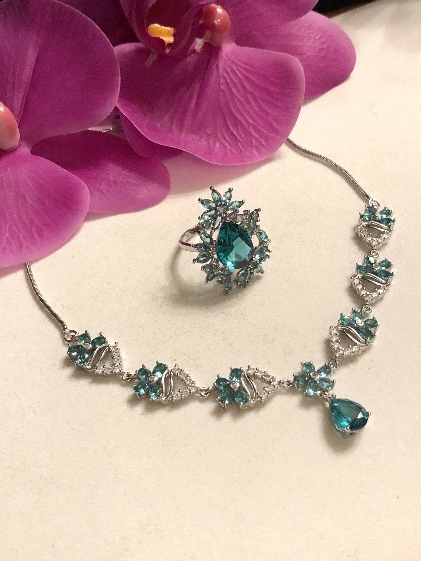 Sterling Silver.925 Aquamarine Necklace And Ring Set.