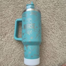 Nurse Life Insulated Tumbler with Handle, Straw, Medical Icons, Teal White