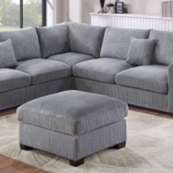 New Gray Or White 3pc Corduroy Sectional And Ottoman Sofa Couch 