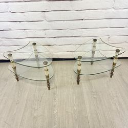 Vintage Hollywood Regency 2 Tier Italian Glass Side Tables 2pc