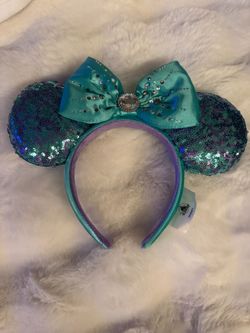 Disney Minnie Mouse Ears Headband Teal Sequin Purple Bow Rhinestone