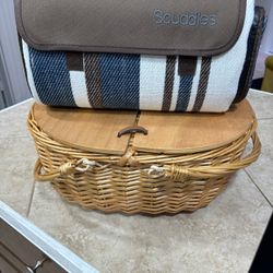 Cute Wooden Picnic Basket And A Nice Picnic Blanket. 