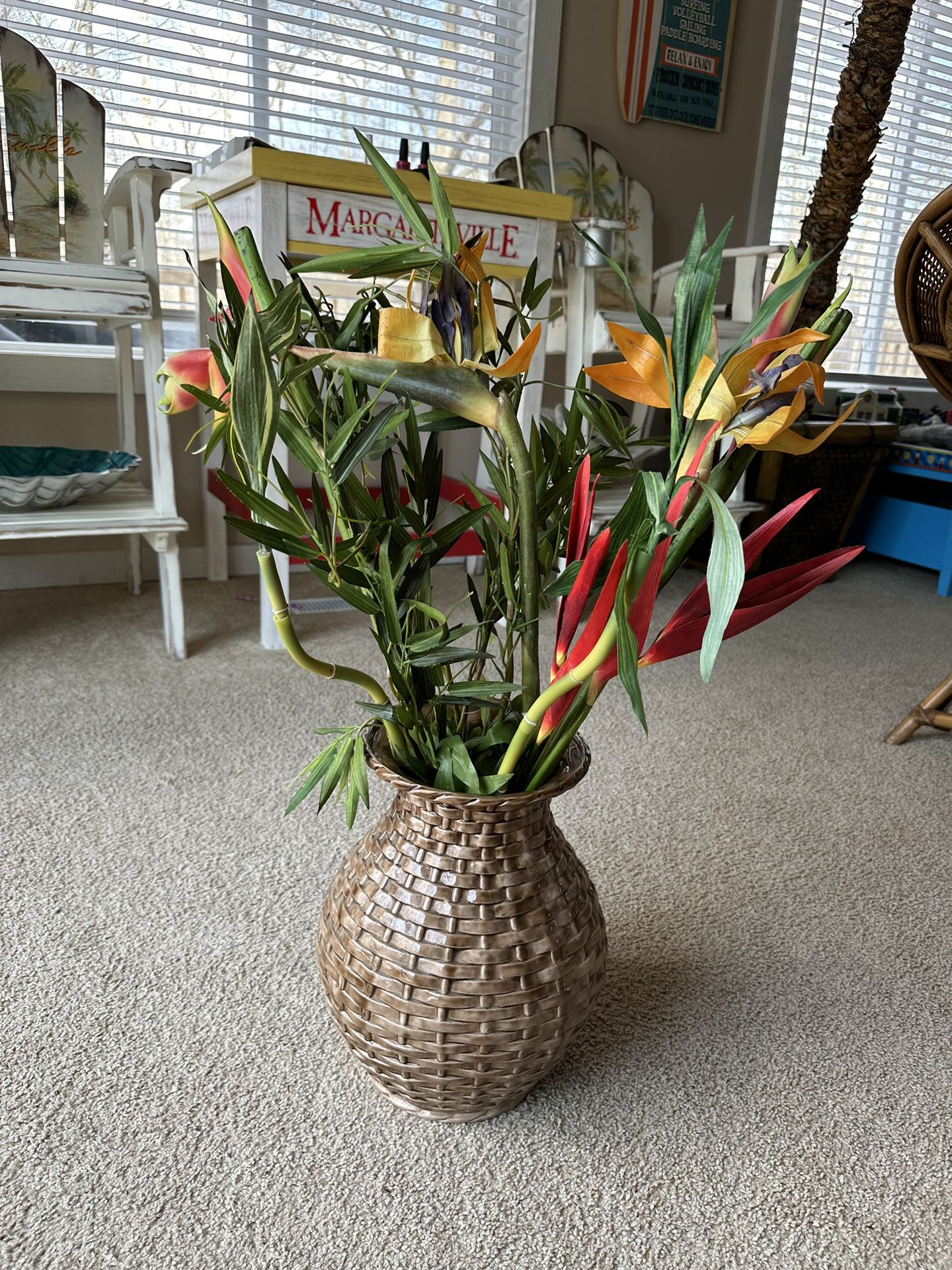 Wicker Ceramic Vase with Bird of Paradise Flowers apprx. 33” Tall