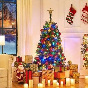 Pre-lit Christmas Tree, Hinged Fir with Foldable Stand Artificial Christmas Tree Holiday Decoration with Multicolored LED Lights of 9 Light Modes