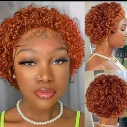 #350 Ginger Color Short Curly Bob Wig Pixie Cut 13x1 Lace Front Wig Human Hair Lace Wigs For Women Short Pixie Curly Human Wigs