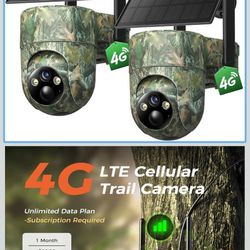 Cellular Trail Camera 2 Pack, 4G LTE SIM Card Included, Solar Game Cellular Camera, 360° View Live Streaming, 2K Color Night Vision Motion Activated, 
