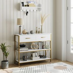 Assembled Console Table with Drawers, Entryway Table with Storage Shelves, 39.4'' Narrow Hallway Sofa Table for Living Room, White/Gold