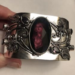 Amethyst Stamped Solid 925 Sterling Silver Cuff Bracelet 