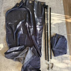 Silver Grommet Navy Curtains with Black Curtain Rod Set