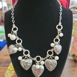 Puffy Heart Charm Silvertone Necklace 17" "With All My Heart" F8 