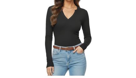 Black Long Sleeve V-Neck Ribbed Top M