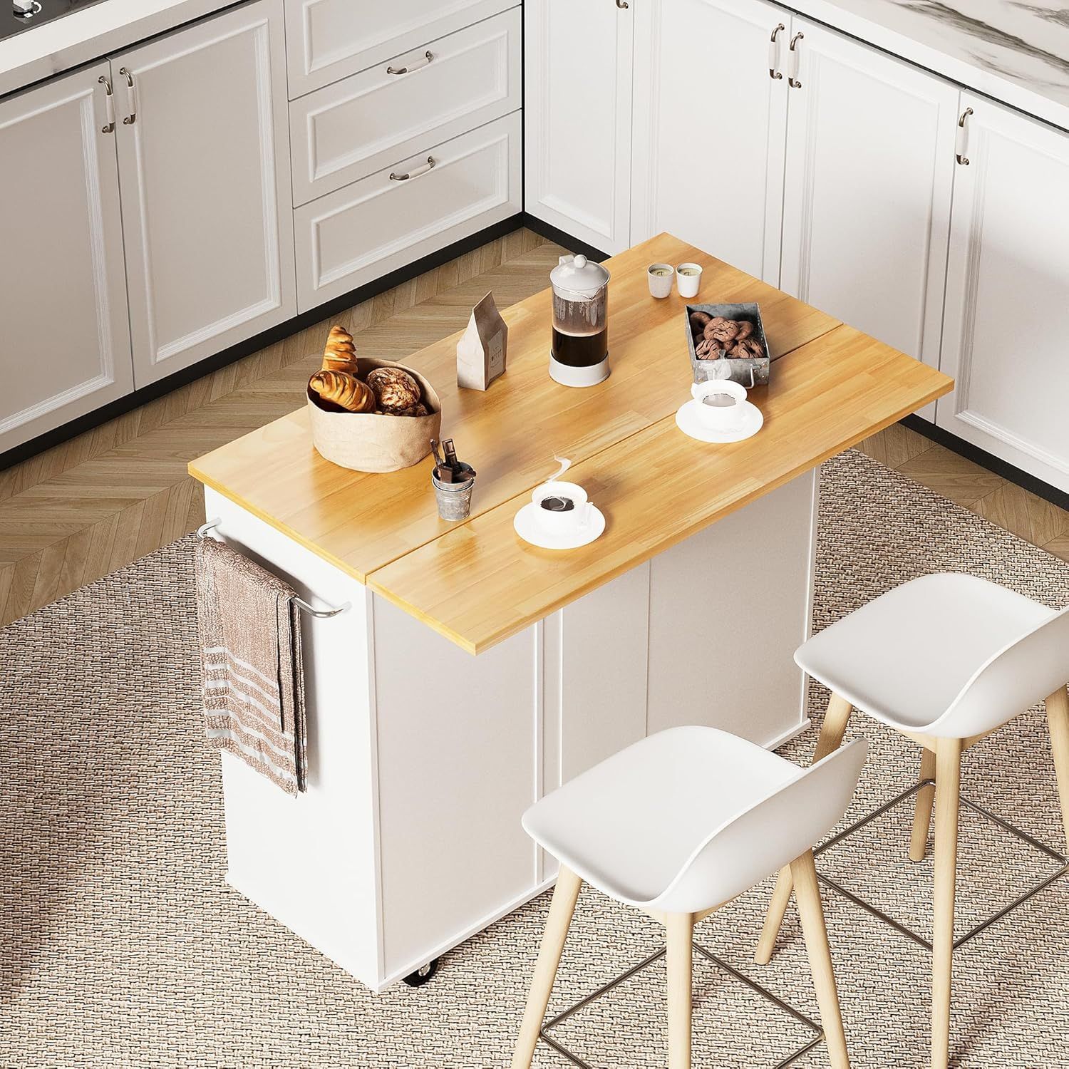 New Kitchen Storage Island Cart with 2 Open Shelves, 3Drawers Drop Leaf Breakfast Bar, Portable Trolley Island Kitchen Cart on Wheels with Handle/Towe