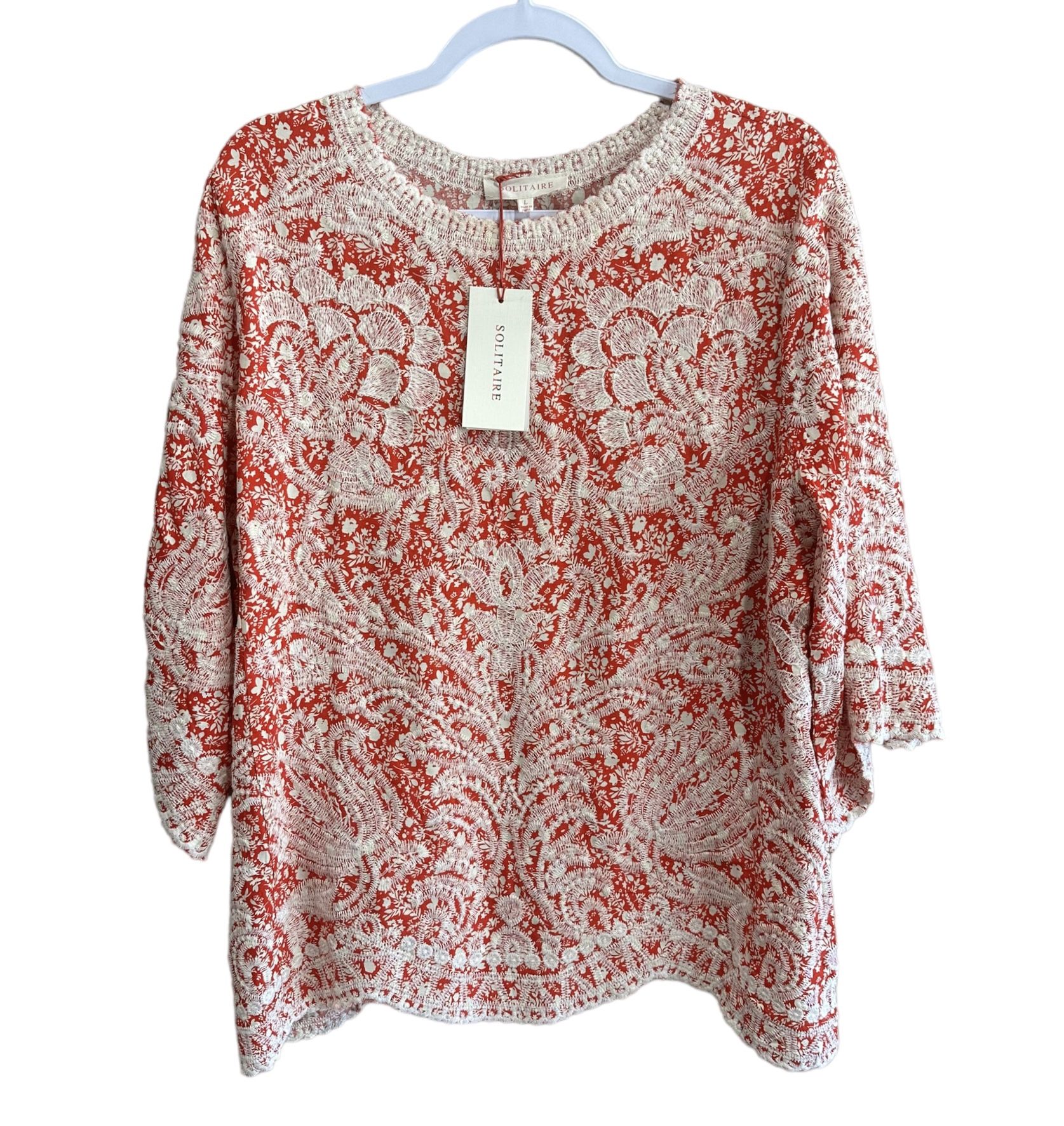 NWT Anthropologie Solitaire Tunic Top Embroidered Red White Floral Beach Large
