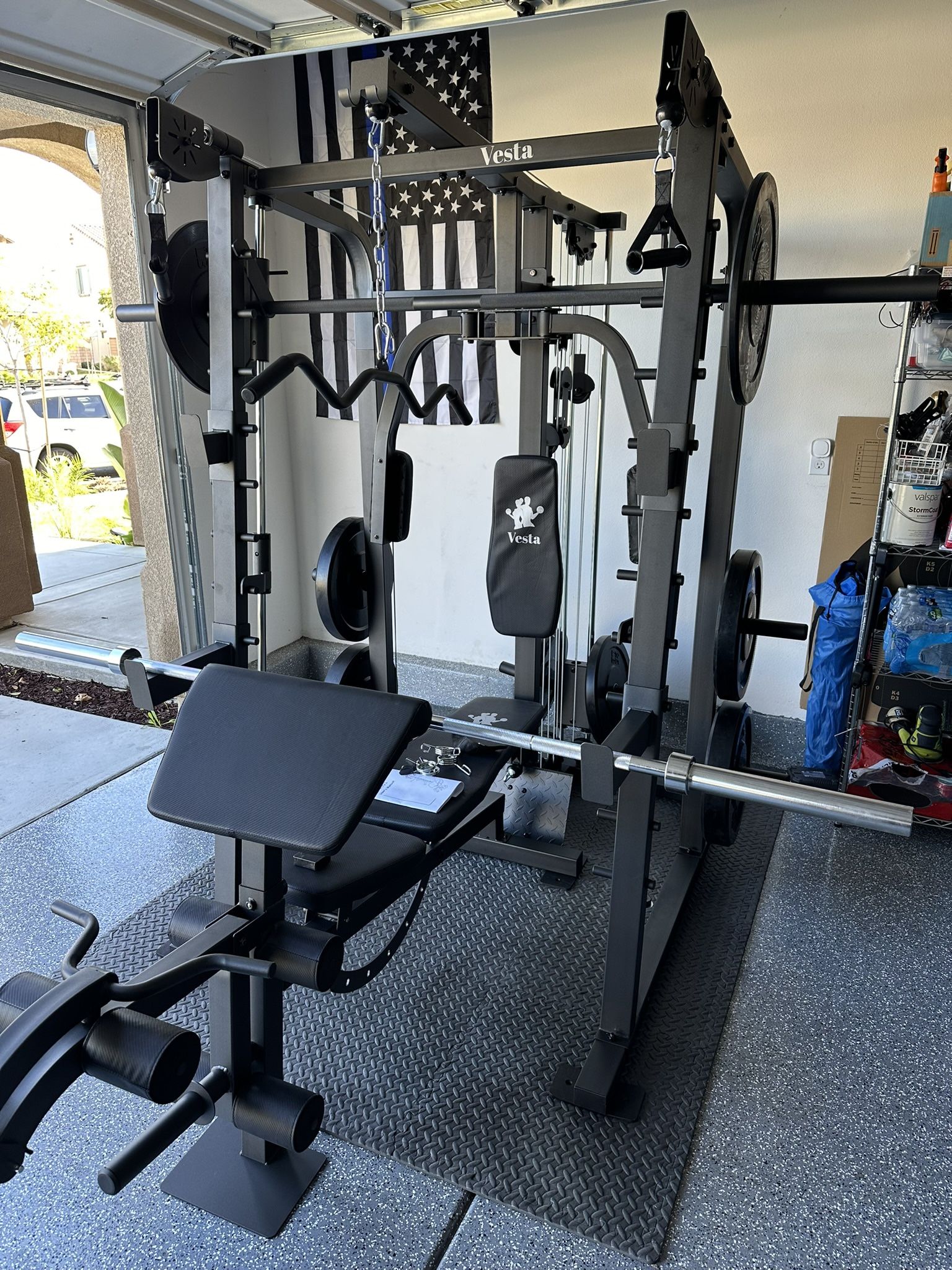 Vesta Fitness Smith Machine 2001 w/Bench Attachment | 230lb Bumpers Weights | 7ft Olympic Bar | Fitness | Gym Equipment | FREE DELIVERY🚚