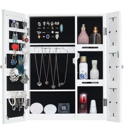 Wall Mounted Mirror Jewelry Cabinet Multi-Layer Jewelry Armoire Wooden Damp-proof Jewelry Mirror Cabinet with Photo Storage Frame Key Storage Cabinet 