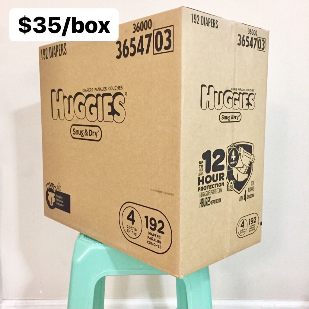 Size 4 (22-37 lbs) Huggies Snug & Dry (192 diapers) - $35/box