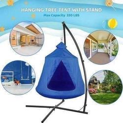 New Blue X-Shaped Hanging Tree Tent Swing Chair, Hammock Chair Stand Canopy Steel Frame, Indoor Outdoor