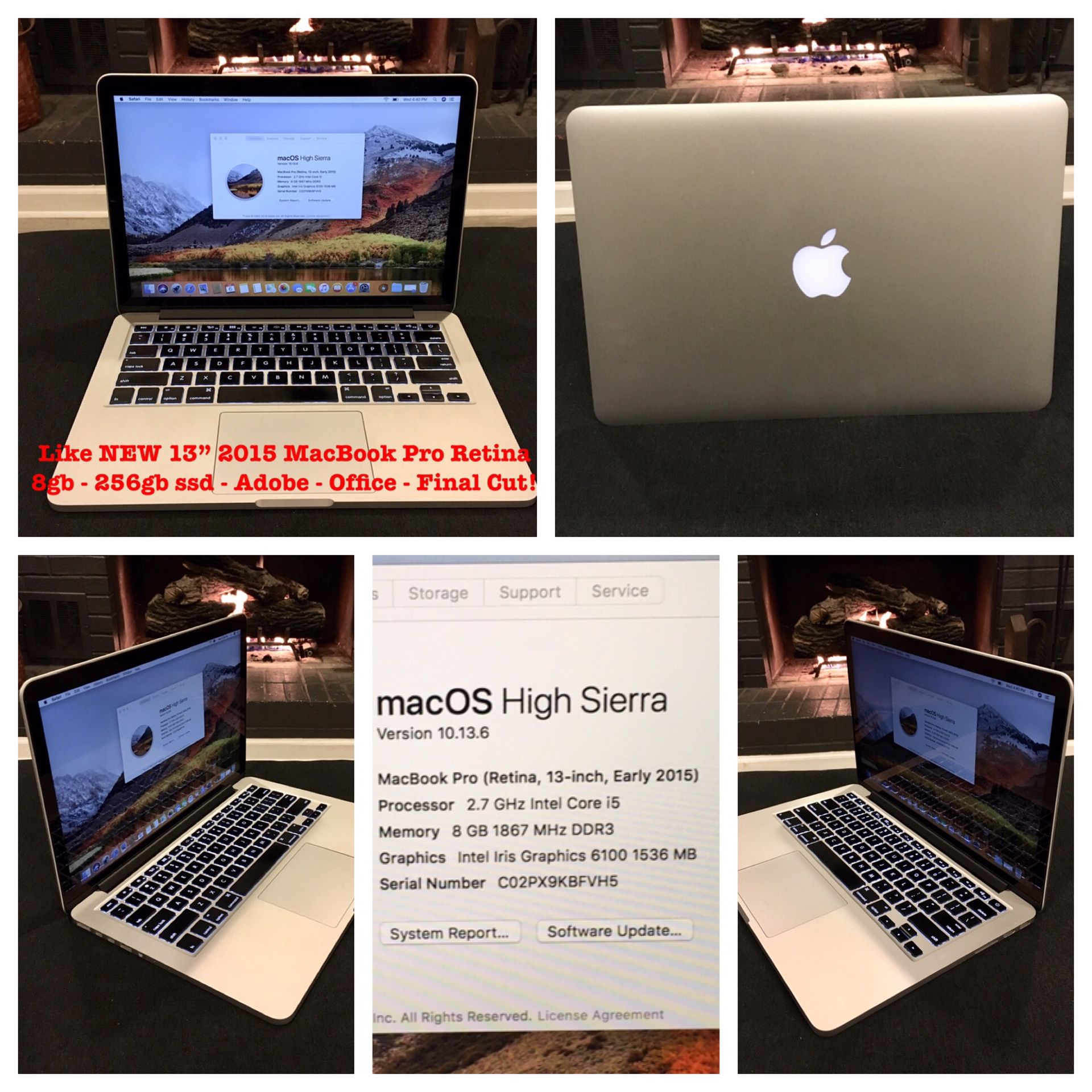 Like NEW 2015 13" MacBook Pro 8gb Ram 256gb SSD, Logic , Final Cut, Adobe, Office!