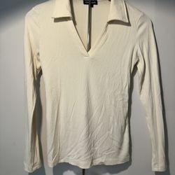 Meeirendi Ribbed Long Sleeve Collared Top Size Small – Cream Stretch Knit Shirt