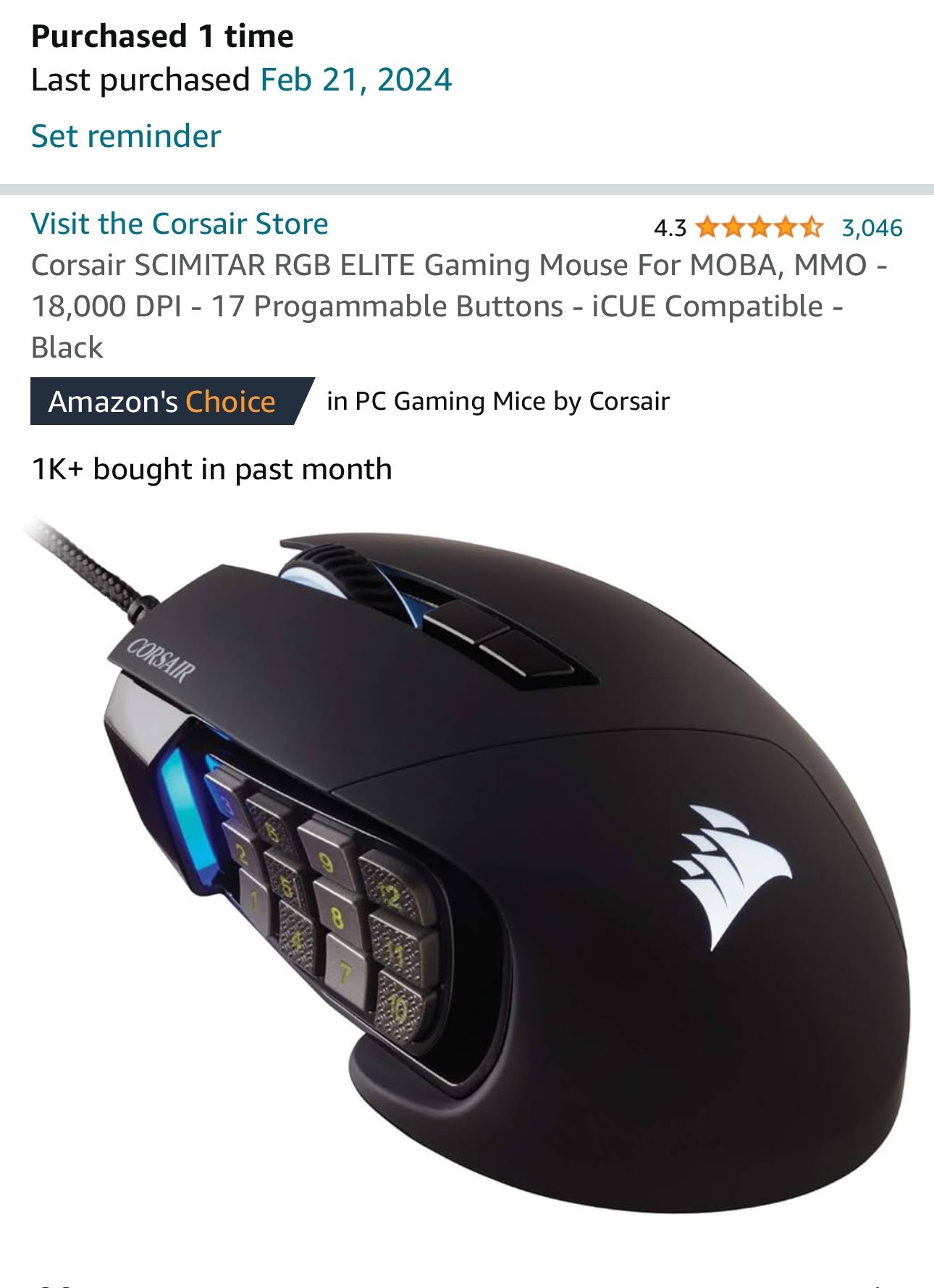 Corsair SCIMITAR RGB ELITE Gaming Mouse