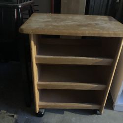 Rolling Wood Table And Shelves