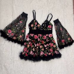 New xl black lace floral embroidered dress boho festival flower lace short rave