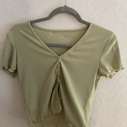 Olive Greek Cropped Short Sleeve With Asjustbke Buttons Size M 