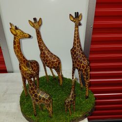 Vintage Hand-Carved Wooden Giraffe Family Display Sculpture on Solid Wood Base African Safari Decor