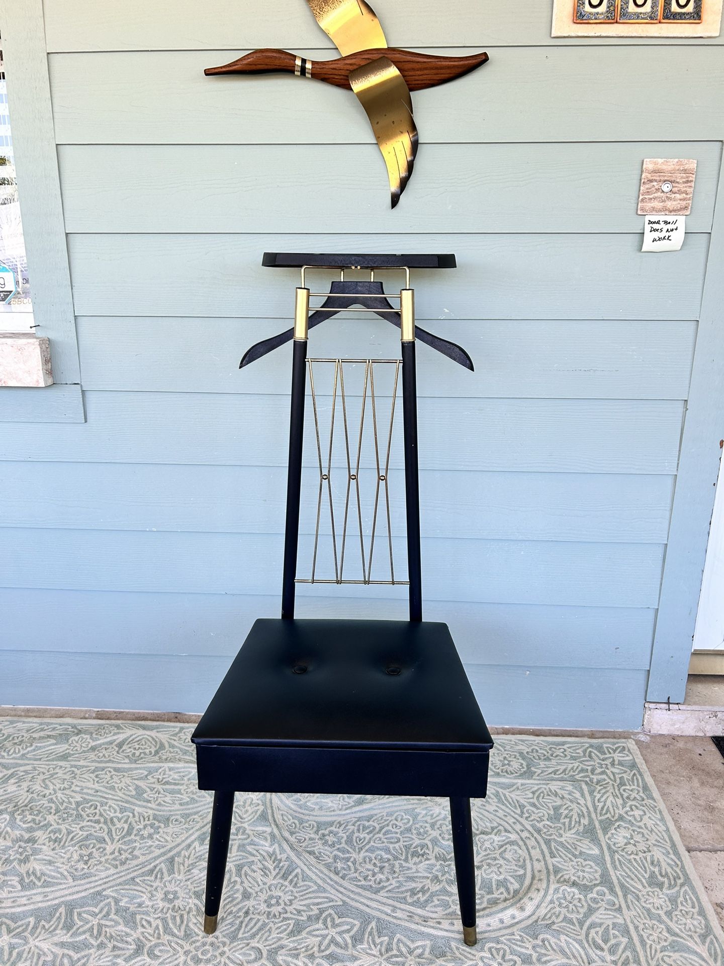 Vintage Mid Century Modern 1960'd Valet Chair Brass Butler, Black Vinyl Seat with Storage