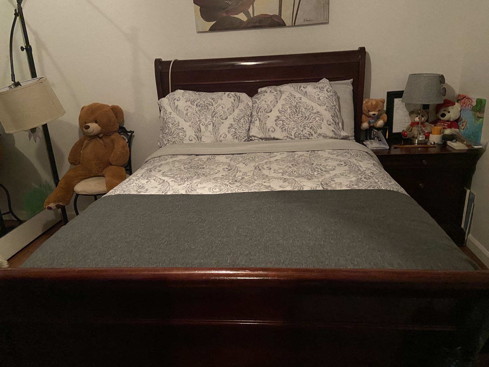 Full bed frame with night stand and dresser