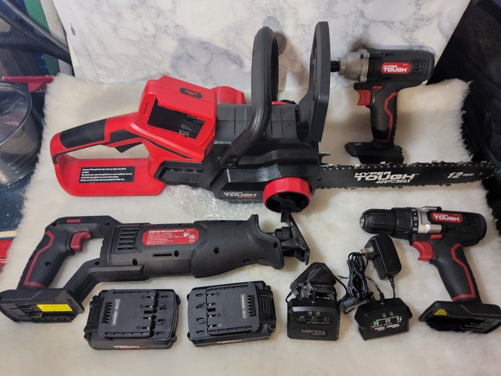 Hyper Tough 20V Li-ion cordless Tool kit 12" Chainsaw, Drill, Impact wrench Reciprocating Saw 