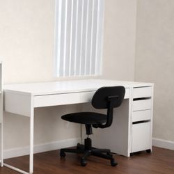 Modern White Desk with Storage Drawers & Chair , Lamp