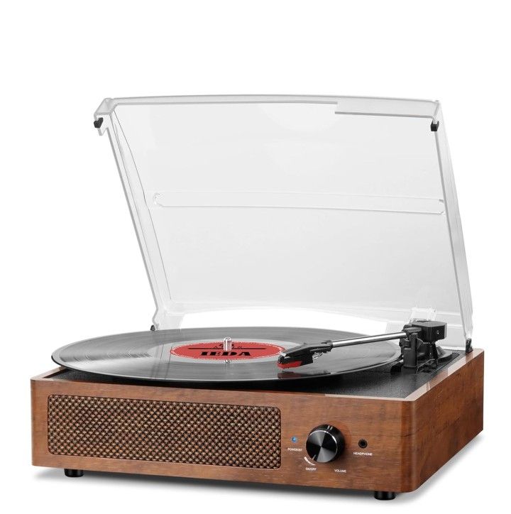 Record Players Vintage Turntable for Vinyl Records with Speakers Belt-Driven Turntables Support 3-Speed, Bluetooth Wireless Playback, Headphone, AUX-i