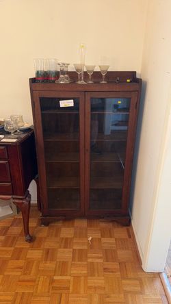 Antique Wood Curio Cabinet with Glass Doors