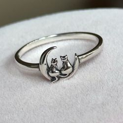 Moon 🌙 & cats 🐱🐱 Ring 💍  925 Sterling Silver Size 10