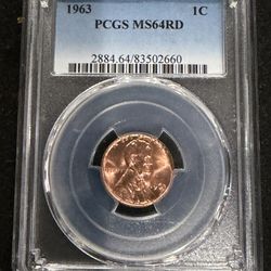 1963 P Brilliant Uncirculated Lincoln Penny Graded By PCSG At MS64Rd 1-1
