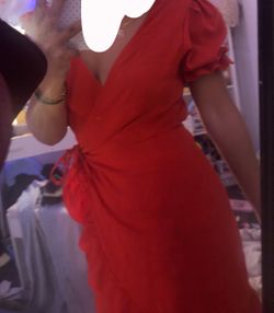 Red Wrap Midi Dress with Puff Sleeves