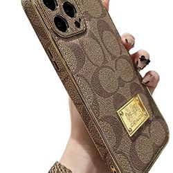 Designer iPhone 13 Pro Max Case for Women Luxury 6.7 inch, Leather Back Edge with Plate Gold Rim Classic Pattern Bling Glitter Nameplate Camera Protec
