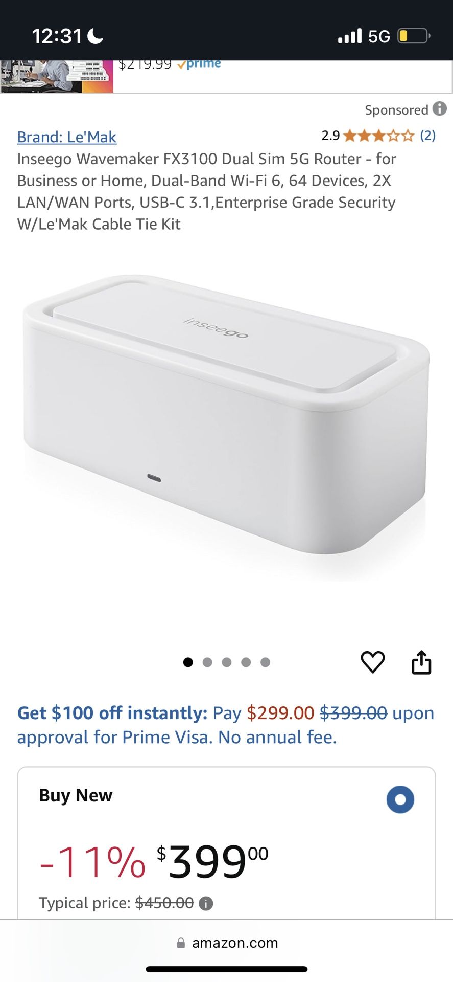 Inseego Wavemaker FX3100 Dual Sim 5G Router - for Business or Home, Dual-Band Wi-Fi 6, 64 Devices, 2X LAN/WAN Ports, USB-C 3.1,Enterprise Grade Secur