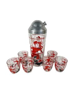 Fabulous MCM/Art Deco cocktail shaker and 6 cocktail glasses