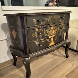 Vintage Hand-Painted Bombe Chest – Floral Black – 3 Drawer Pickup Or Delivery 