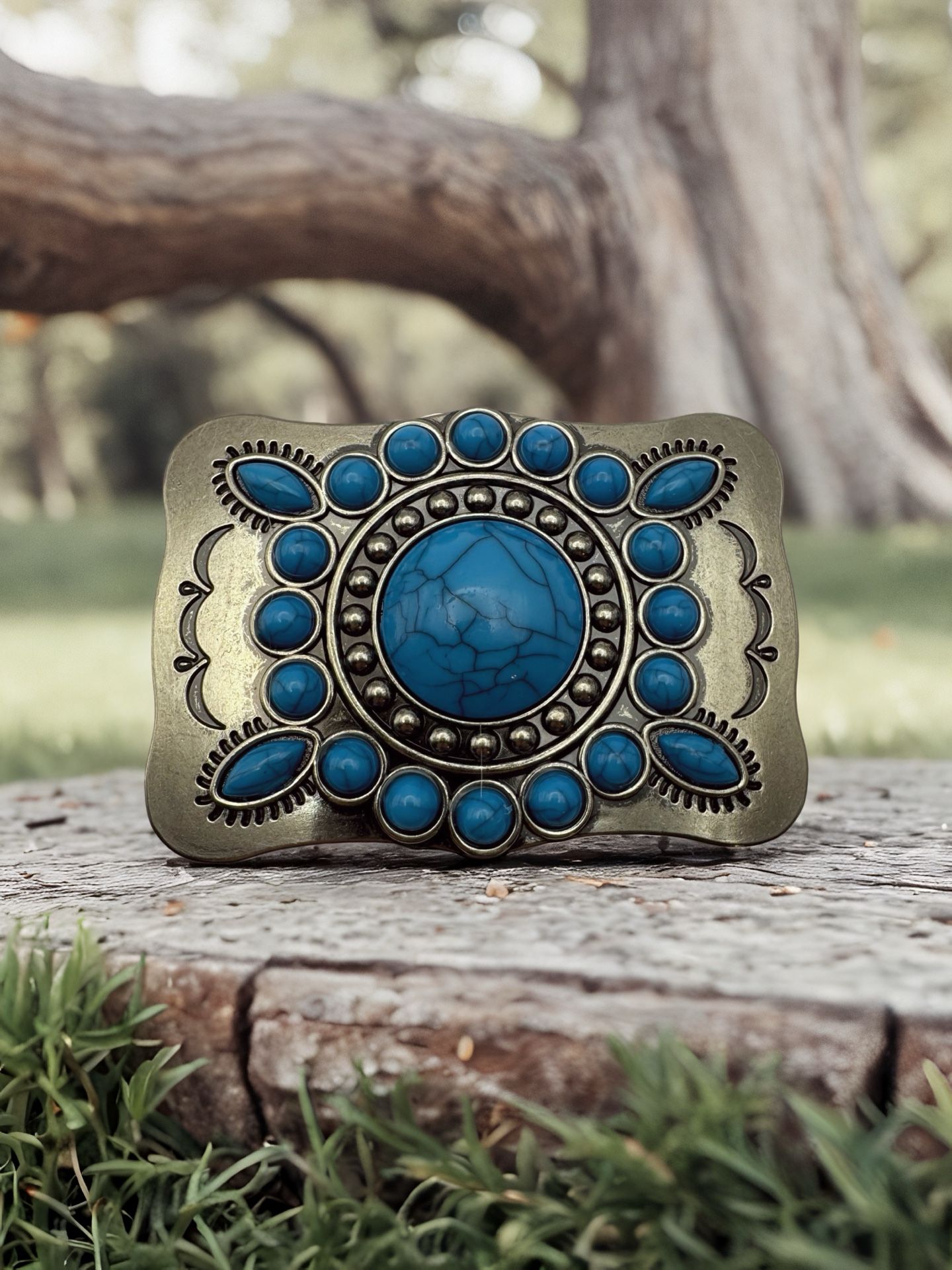 New Women’s Blue Faux Rectangle Marble Stone Fashion Belt Buckle