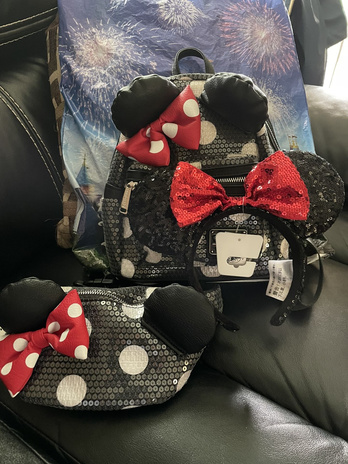 Loungefly Disney Parks Black Sequin Polka Dot Mini Backpack, Disney Parks Loungefly Sequin waist bag Fanny Pack Minnie With Ears Polka Dot and Disney 