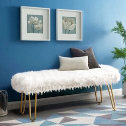 White Faux Fur Ottoman Bench Upholstered Furry Entryway Bedroom Bench with Gold Metal Legs, Modern Contemporary Long Bench Ottoman Hair Foot Rest Stoo