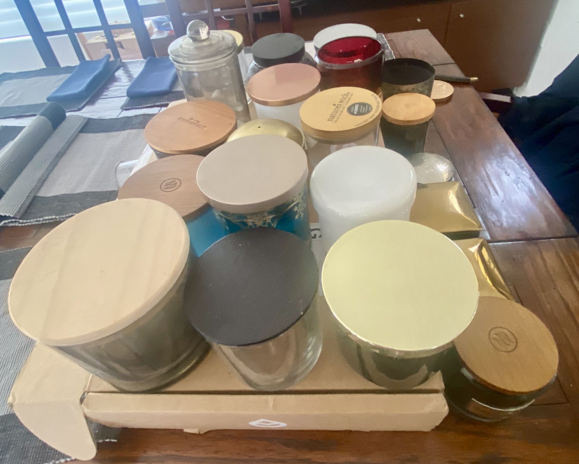 21 Glass Empty Candle Bottles. Most With Lids.