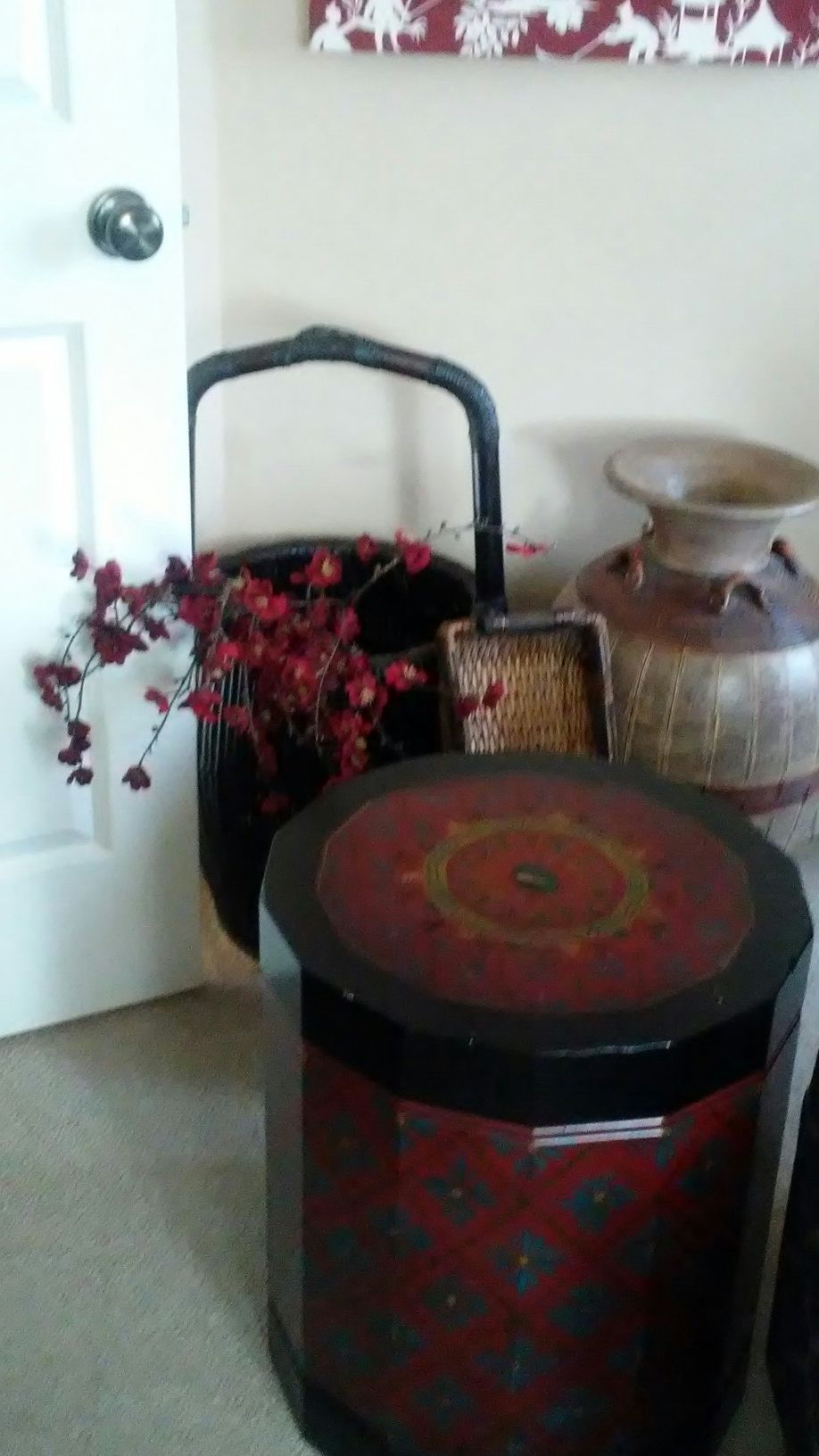 Red (wooden) Garden stool with storage.