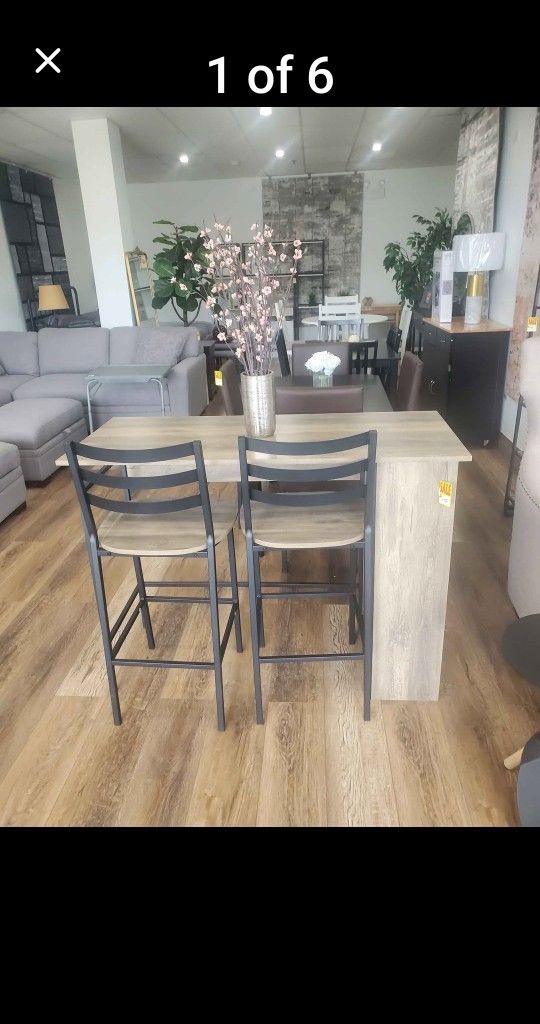 High Top 3 Piece Drop Leaf Counter Table Dining Set with Storage, Grey Wash(New In A Box)