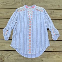 Jolt Top Womens Size L Pink Gray Chevron Gauzy Lace Boho 3/4 Roll up Sleeve  